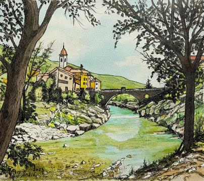 Kanal ob Soči (Akvarel-tuš 28x25 - 2023) Jožef Anžič